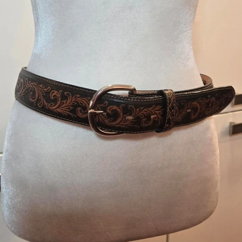 Tony Lama Western Boho Tooled Leather Belt Made In The Usa Brown Size 42 XL